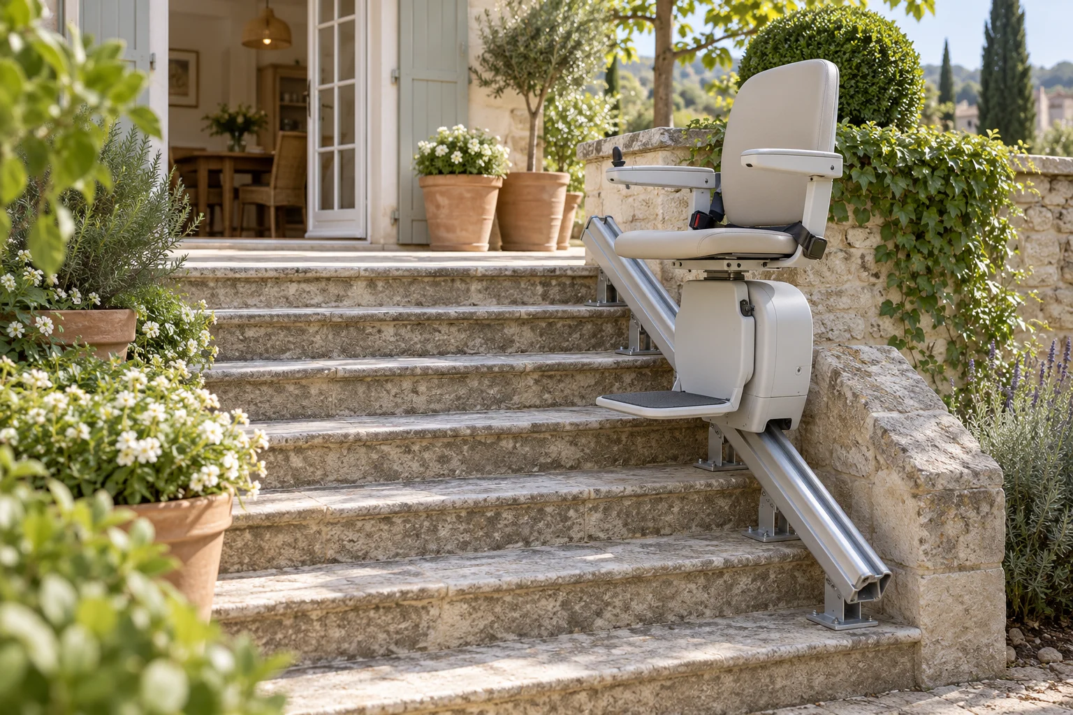 Illustration générée : monte-escalier extérieur le long de marches en pierre.