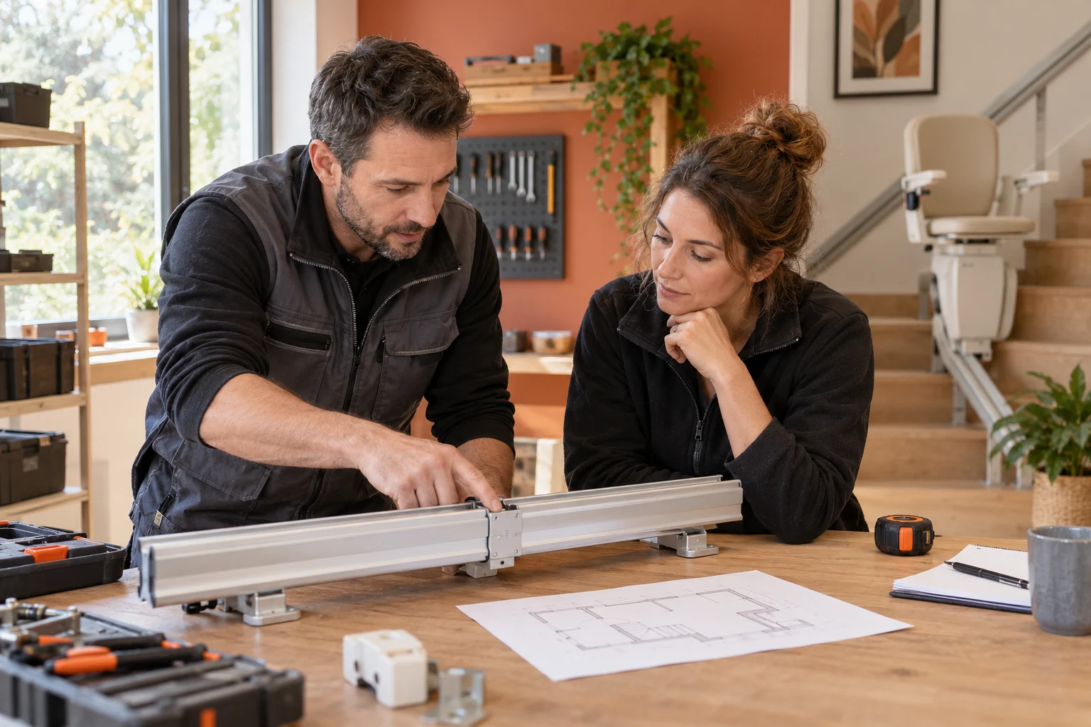 Illustration générée : deux professionnels étudiant un rail et un plan de monte-escalier.