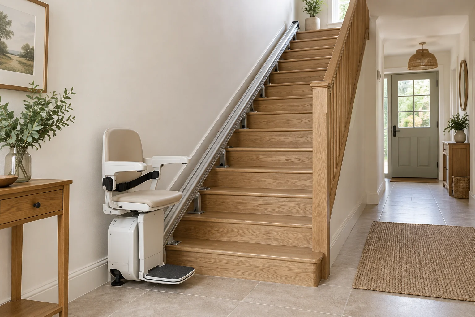 Illustration générée : siège monte-escalier sur un rail droit dans un escalier sans virage.
