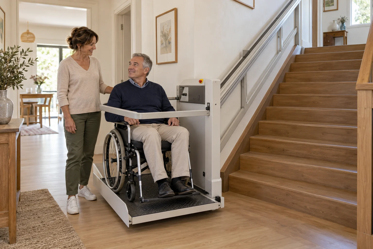 Illustration générée : plateforme élévatrice pour fauteuil, distincte du siège monte-escalier.